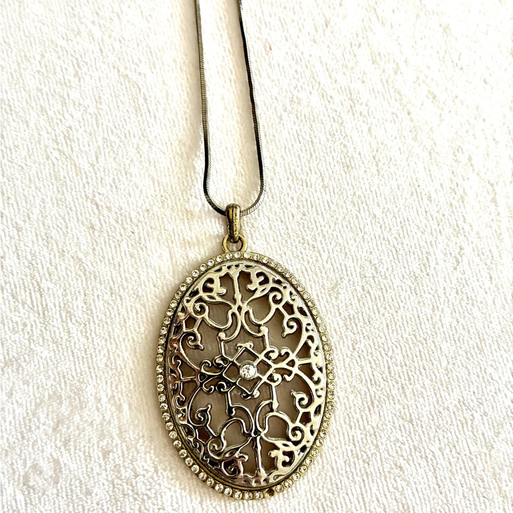 Silver & Gold Tone Oval Filigree Statement Necklace